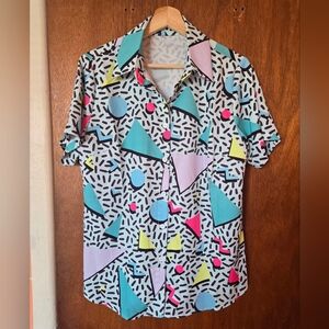 Geometric Patterned Shirt, Blue Purple Pink Yellow, 80's 90's, Size S